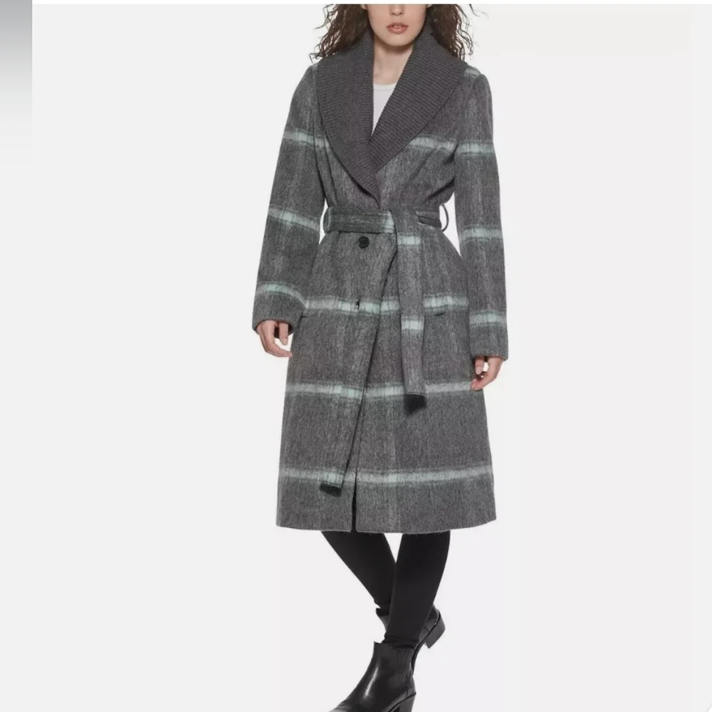 DKNY Women's Knit-Collar Belted Wrap Coat Charcoal Grey Wool - Picture 9 of 9